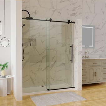 Frameless Sliding Shower Doors, 56-60 in.W x 74 in.H, with Barn-Door Style Rollers, ANSI Certified Tempered Glass and Dual Nano Coating, Side & Bottom Tracks, Matte Black