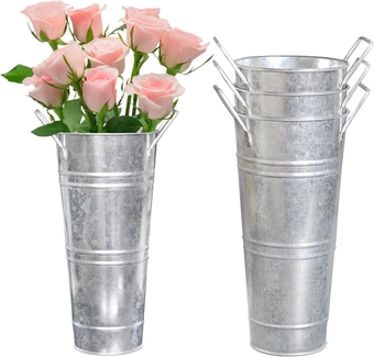 Galvanized Metal Bucket Vases Set of 4, 9 Inch Farmhouse French Flower Buckets Pots with Handles, Rustic Decorative Metal Holder Flower Vase for Home Wedding Table Centerpiece Decor (Silver)