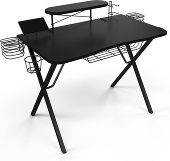 Gaming Desk with Carbon-Fiber Desktop, X-Legs, Detachable Monitor Platform, Tablet/Phone Holder, Speaker Stands - Black