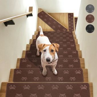 Stair Tread Carpet Non Slip Stair Runners for Wooden Steps Indoor Mats Rugs for Stairs Polyester TPR Peel and Stick Stair Treads Set of 15 for Elders, Kids and Dogs, 8" X 30", Brown Paw Print