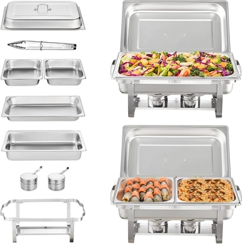 Chafing Dish Buffet Set, 2 Pack 8 Qt, Stainless Chafer w/ 2 Full & 4 Half Size Pans, Rectangle Catering Warmer Server w/ Lid Water Pan Folding Stand Fuel Tray Holder Clip, at Least 8 People Each