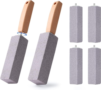 Pumice Stone with Handle Set 6 Pumice Cleaning Stones with 2 Solid Wood Handles Cleaner for Toilets Bowl, Bathtubs,Sinks, Removes Hard-Water Stains,BBQ,and Swim Pool Clean (Grey)