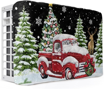 Winter Snow Truck Indoor Air Conditioner Cover for Window Units, Double Insulation Adjustable Waterproof Indoor AC Cover with Elastic Straps Christmas Deer Tree Snowflake Black 17'' x 13'' x 3.5''