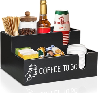 Coffee Bar Organizer Countertop Coffee Station Organizer, Wood Coffee Cup Dispenser Lid Holder for Counter, Disposable Cup Holder Wall Mount, Farmhouse Coffee Bar Accessories and Organizer