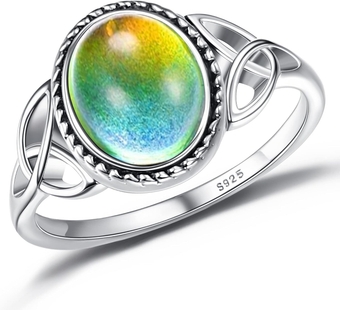 925 Sterling Silver Mood Ring for Women Vintage Celtic Knot Rings Jewelry 18K White Gold Plated Oval Solitaire Mood Ring Temperature Control Color Change Mood Ring