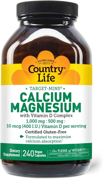 Target-Mins Calcium Magnesium with Vitamin D-Complex, 1000mg/500mg/10mcg, 240 Vegan Capsules, Certified Gluten Free, Certified Vegan, Verified Non-GMO Verified