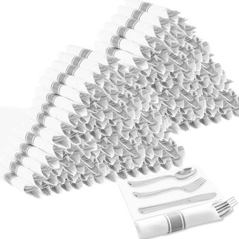 400 Pcs Pre Rolled Silver Plastic Cutlery Set, 100 Pack Wrapped Plastic Silverware Set with Napkins, Spoons, Forks, Knives, Premium Disposable Heavy Duty Plastic Utensils for Wedding Party Dinner