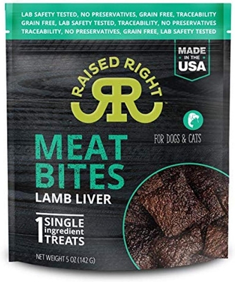 Raised Right Lamb Meat Bites, Single Ingredient Liver Treats for Dogs & Cats - 5 oz. Bag