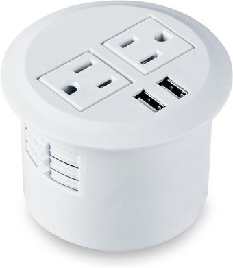 Desktop Power Grommet Power Outlet Socket Desk Data Center 2 Outlet with 2 USB Ports with 10 FT Extension Cord(White)