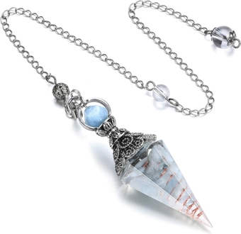 Natural Aquamarine Healing Crystal Dowsing Pendulum Reiki Gemstone Chips Orgone Pendulum 6 Faceted Hexagonal Pointed Cone Resin Spiritual Pendant for Divination, Wicca, Energy Balancing