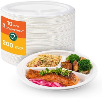Pearl White 10 Inch [2 Packs of 100] 3-Compartment Paper Plates (PFAS Free) | 100% Compostable Disposable I Heavy Duty Eco-Friendly Dinner Plates I Biodegradable Sugarcane Eco Plates