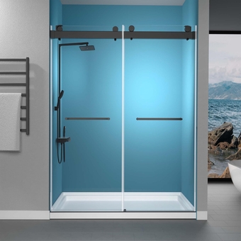 Shower Door 57-60" W x 79" H Frameless Glass Shower Doors Double Sliding with Upgraded Soft Close Anti-Jumping System 3/8 inch Tempered Glass Noiseless & Width Adjustable Matte Black