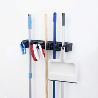 Mop and Broom Holder Wall Mount (Black) Cleaning Tools Wall Organizer, 5 Rack Slots and 6 Hooks for Kitchen Closet Garage Garden and Office