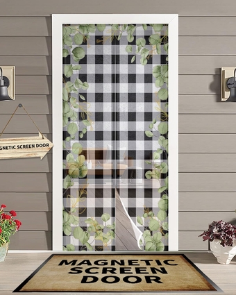 Magnet Screen Door with Self Sealing,Spring Eucalyptus Leaves Black White Plaid Magnetic Mesh Curtain-Keep Bugs Out,Aesthetic Botanical Door Net Screen with Full Frame for Sliding Door 38x83In