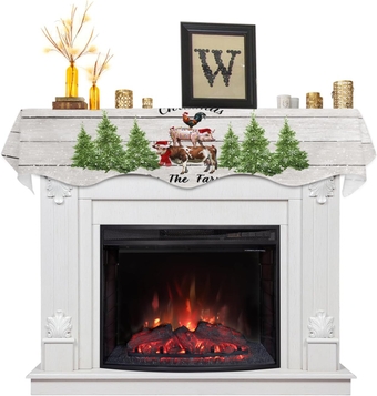 Christmas Mantel Scarf for Fireplace,Christmas Cow Pig Chicken and Pine Mantel Shelf Top Scarves Runner Mantel Cover XMAS Fireplace Decoration for Home Room Holiday,Farm Animals on Rustic Wood Grain