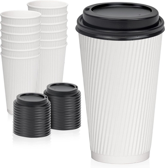 [500 Pack] Disposable Coffee Cups with Lids - 16 oz White Double Wall Ripple Sleeves Insulated Coffee Cups with Black Dome Lid - Paper Cups for To Go Chocolate, Tea, and Cocoa Drinks