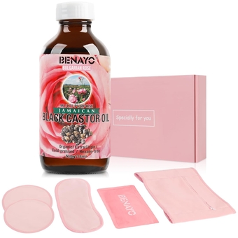 6PCS Castor Oil kit for Women Gifts,Cold Pressed Organic Castor Oil in Glass Bottle,Reusable Castor Oil Pack Wrap for Liver Detox, Cleanse,Nourishing Thyroid Castor Oil Pack, Hydration for Skin.