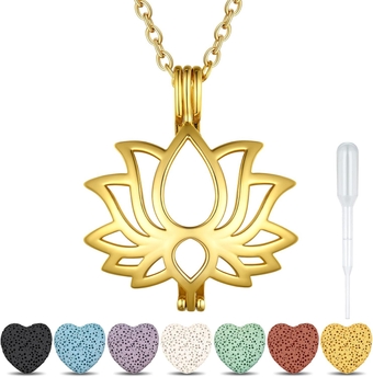Filigree Lotus Gold Locket Pendant for Women Girls, Lava Stone Diffuser Necklaces for Women Essential Oil Aromatherapy Therapy Jewelry, 7 Pcs Rocks, 20" +2" Chain BTP27078K