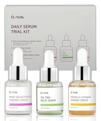 iUNIK Daily Serum Trial Kit (3x 0.51 fl.oz.) - Rose Galactomyces Synergy Serum, Tea Tree Relief Serum,Propolis Vitamin Synergy Serum, Great for Gifts, Trial, and Portability