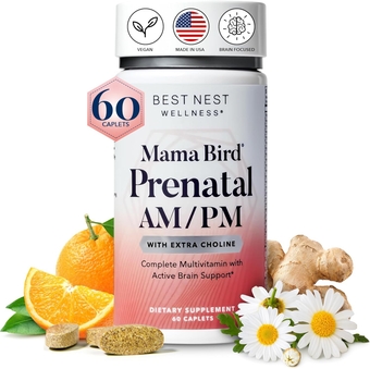 Mama Bird AM/PM Prenatal Vitamins for Women: Methylated Multivitamin with Choline B12 & Methylfolate (Folic Acid), Pregnancy Vitamins for Women, w/Herbal Blend, 2X Daily, 60 Ct