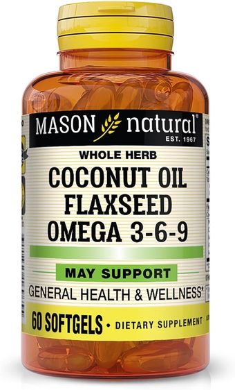 Coconut Oil/Flaxseed Omega 3-6-9 - Supports General Health and Wellness, Improves Heart and Brain Function, Organic Herbal Supplement, 60 Softgels