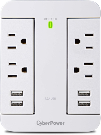 P4WSU Professional Surge Protector, 900J/125V, 4 Swivel Outlets, 4 USB Charge Ports, Wall Tap Design, White