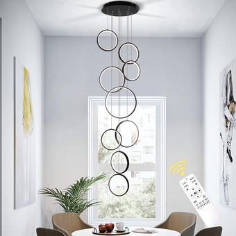 Modern Led Chandelier, 9 Rings Black Dimmable Led Foyer Chandelier with Remote, High Ceiling Chandeliers Pendant Light Fixture for Foyer Living Room Staircase Hotel