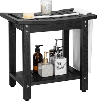 Poly Lumber Shower Bench Waterproof with Storage Shelf for Shaving Legs or Spa Bath Seat in Bathroom & Inside Shower for Adults Seniors Elderly，Weather Resistant/Non-Slip/Indoor or Outdoor Use, Black