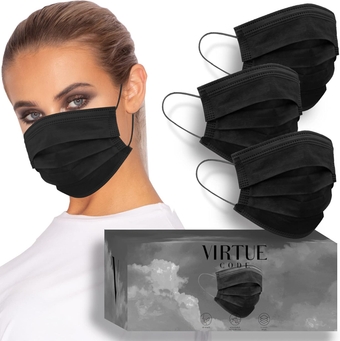 VIRTUE CODE Support Face Masks - Soft 3 Ply Comfort Face Masks, Colorful Disposable Face Mask 50 Pack. Black Colored Masks. Adults Mens and Womens Disposable Face Masks