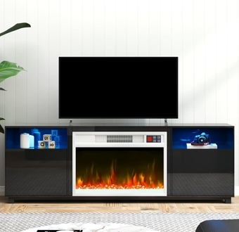 Fireplace TV Stand for TVs up to 65”, LED Light Entertainment Center w/White 23” Electric Fireplace, 2 Open Shelves & Storage Cabinet, Modern Wood Texture Console Table for Living Room, Black