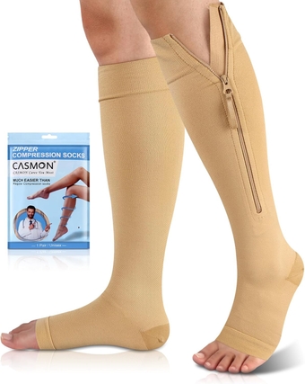 15-20mmHg Zipper Compression Socks for Women and Men, Knee High Compression Stockings, Medical Open Toe Support Socks for Varicose Veins, Post-surgery, Swelling, Nurses, Pregnancy (1 Pair)