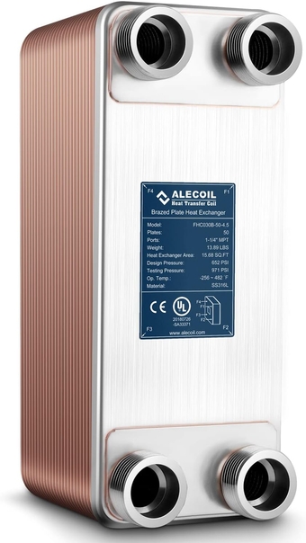 5"x12" 50 Plates Heat Exchanger with 1-1/4" MPT Port Water to Water 316L Stainless Steel Brazed Plate Heat Exchanger for Water Heating, Floor Heating, Commercial and Industrial Refrigeration