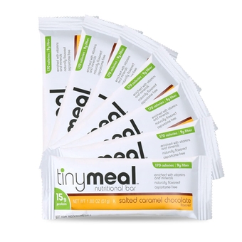 - Tiny Meal High Protein & Low Carb Chocolate Bars, Low Carb Protein Bars, On-the-Go Meal Replacement Bar, 15g Protein, 9g Fiber, 170 Calories, Salted Caramel Chocolate, 7 Pack