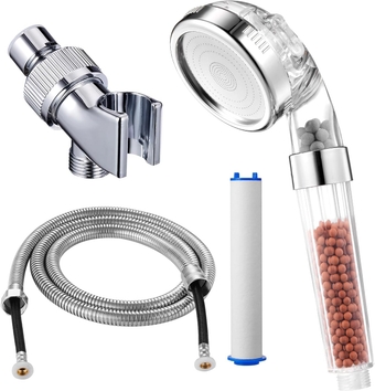 Filtered Shower Head with Mineral Stone Beads Filter, 3 Settings Handheld Spray Ecowater Spa Shower, High Pressure Water Saving Showerhead with Hose, Bracket and PP Cotton Filter Replacement
