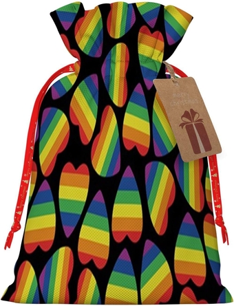 Gay Love Hearts, Drawstring Christmas Gift Bag with Tag,Rainbow Colored Striped Heart,Reusable Christmas Wrapping Sacks Cloth Pouches for Xmas Presents Party Favor,Rainbow Color,S
