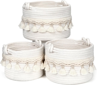3 Pieces Cotton Rope Basket Set, Boho Woven Baskets with Tassel for Organizing, Small Storage Basket Bathroom Accessories for Home Organization Baby Basket, Gift Basket
