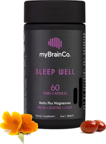 myBrainCo - SLEEP WELL - Calming Herbal Supplement with Magnesium Complex, Kava, & Poppy For Body-Mind Relaxation - Supports Rest Quality & Aids Overactive Mind (60 Capsules)