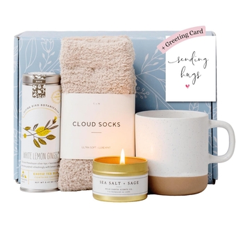 Get Well Gift Box - USDA Organic Get Well Soon Self Care Package for Women | Fluffy Socks, Mug, Lemon & Ginger Tea Set, Sea Salt, Sage Scented Candle, Sending Hugs Card | Feel Better Basket