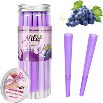 Pre Rolled Cones Flavored (Color Paper, 50 Packs, 1 1/4, Grape [NEW]) | Filter Tip with Grape Bursting Bead | Natural Unbleached Pre Rolling Paper, Smooth Burn, Authentic Taste (K8442)