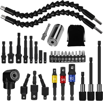 32pcs Flexible Drill Bit Extension Set, 105° Right Angle Drill Attachmen, Rotatable Joint Socket 1/4 3/8 1/2 In Hex Socket Adapter, Bendable Drill Bit Extension Screwdriver Bit