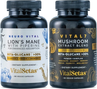 Vitality Bundle - Powerful Duo of Neuro Vital and Vital7 Mushroom Supplement - for Cognitive Function, Immune Support, Memory, Focus and Overall Well-Being – GMP Certified – GMO Free
