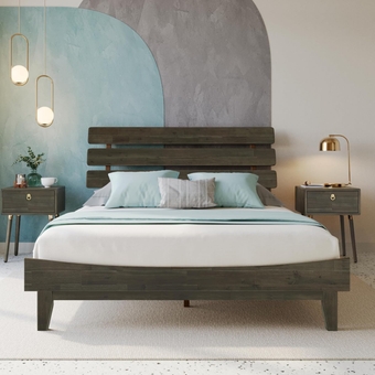 Caden Charcoal Mocha Bed Frame with Adjustable Headboard - Mid Century, Retro Style with Acacia Wood - No Box Spring Needed - Wood Slat Support - Easy Assembly - Queen (U.S. Standard)