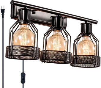 Industrial Bathroom Vanity Light Plug in 3 Lights Retro Cage Wall Sconce with Cord Metal Shade Vintage Wall Lights Fixtures for Indoor Home Dressing Table Mirror Cabinet (Bulb Not Included)