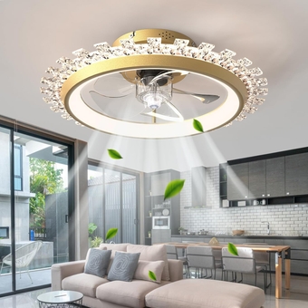 Modern Indoor Flush Mount Ceiling Fan with Lights,Dimmable Low Profile Ceiling Fans with Remote Control,Gold Crystal 3 Light Color Change and 6 Speeds for Bedroom Living Room Kitchen