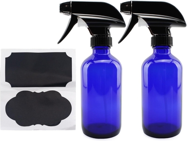 8-Ounce Cobalt Blue Glass Boston Round Spray Bottles (2 Pack) 3-Setting Heavy Duty Sprayers, Empty Refillable Bottle for Essential Oil Blends, DIY Cleaning & More
