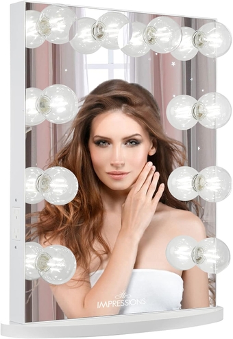Impressions Vanity Hollywood Glow Lite Vanity Mirror with 10 LED Lights and Dimmer Switch, Tabletop or Wall Mounted Makeup Vanity Mirror with Power Outlets (White)