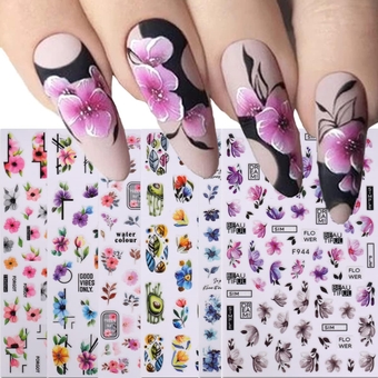 Summer 3D Nail Art Stickers Flowers Nail Stickers Adhesive Floral Nail Decals Leaves Cherry Blossom Nail Sticker Decals Summer Nail Decorations 3D Sliders for Nails Women French Manicure Supplies 6PCS