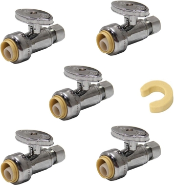 (Pack of 5)  Push Fit 1/4 Turn Straight Stop Valve Water Shut Off 1/2 Push x 3/8 Inch Compression with Dismount Clip Tool