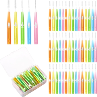 50 Pcs Ugraded Interdental Brushes, Push-Pull Interdental Cleaners with Storage Box (Orange, Yellow, Pink, Green, Blue)