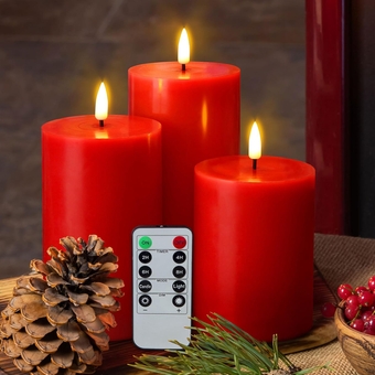 Red Flickering Flameless Pillar Candles with Remote, Real Wax Battery Operated Christmas LED Candles Set of 3